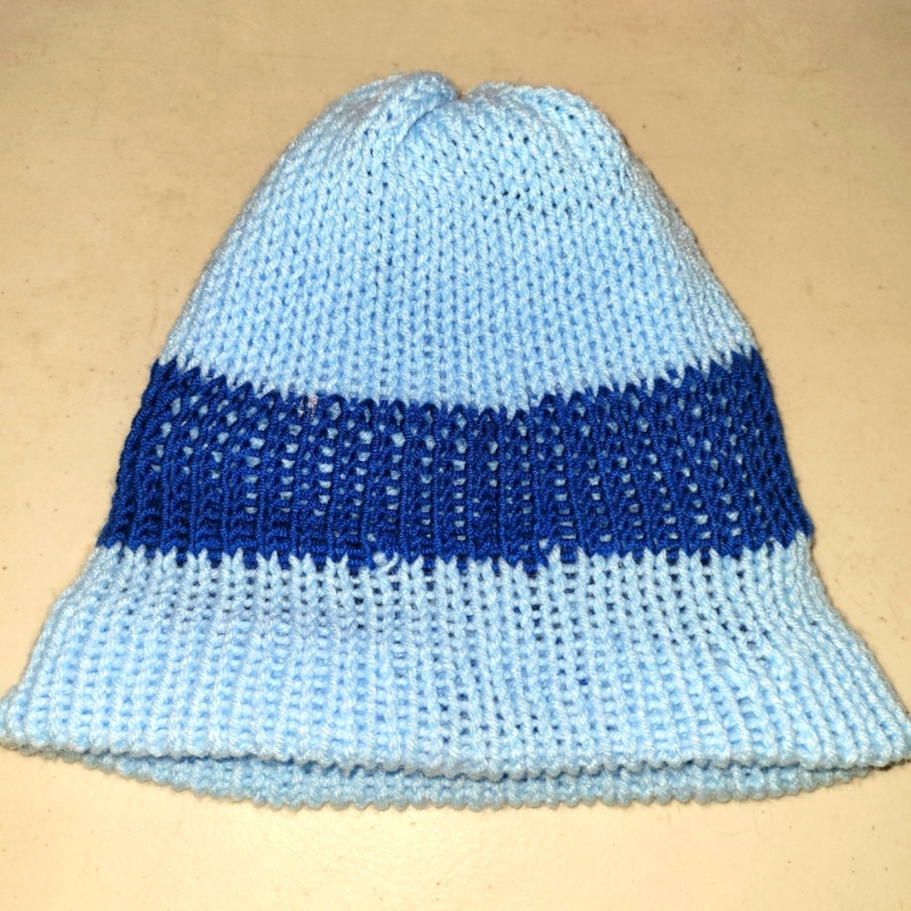 Pastel Blue and Navy Knitted Hat with Classic Silhouette/ Green and Red Beanies